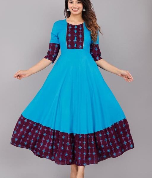 SANGANERI KURTI Anarkali Kurti Latest Anarkali Kurti Lowest Blue Chinkenkari Anarkali Jaipuri Anarkali kurti [
