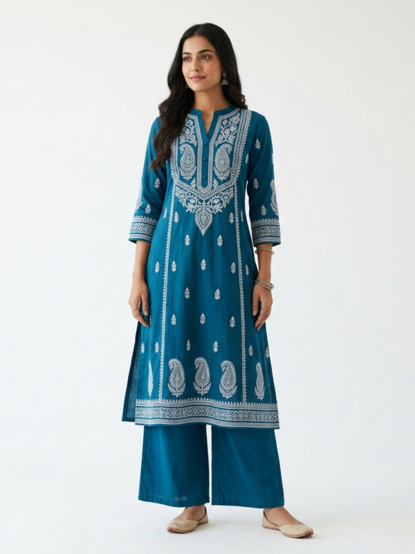 Teal Embroidered Kurta Set