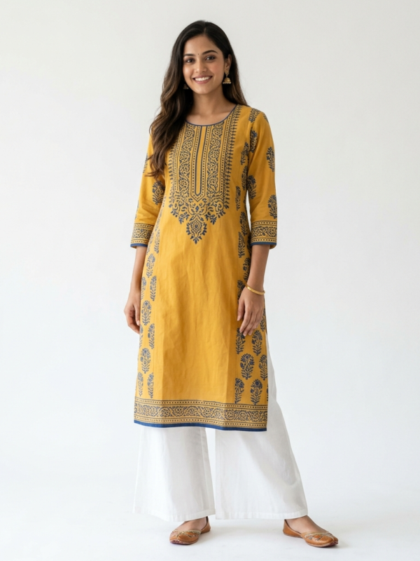 Mustard Block Print Kurta