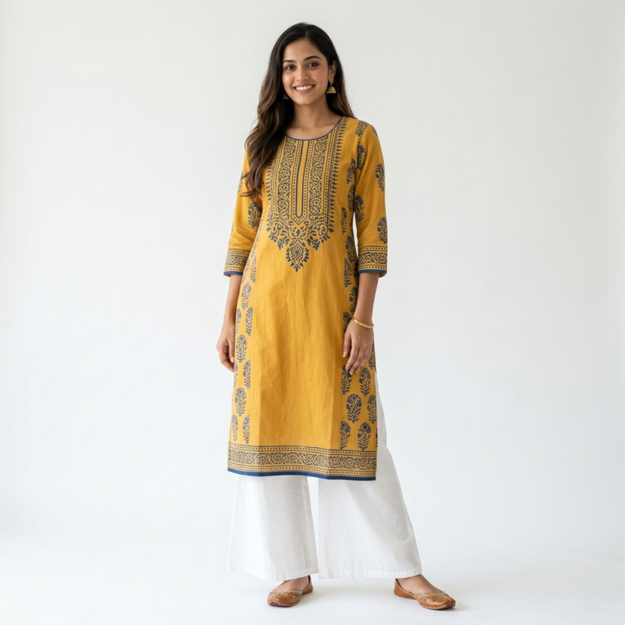 Mustard Block Print Kurta