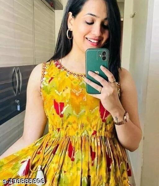 Rayon Printed Anarkali Kurta Yellow