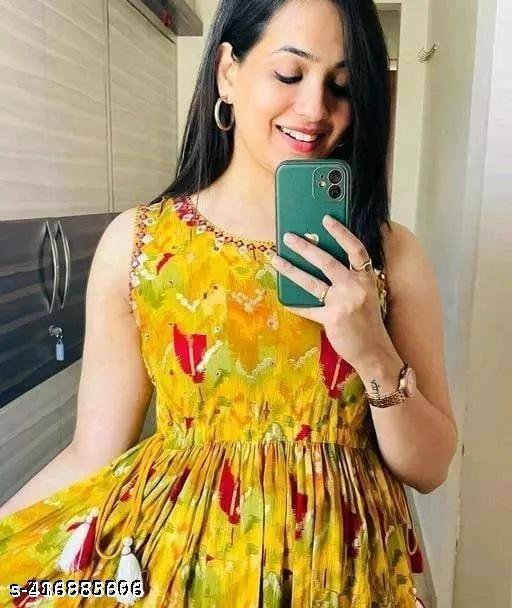 Rayon Printed Anarkali Kurta Yellow