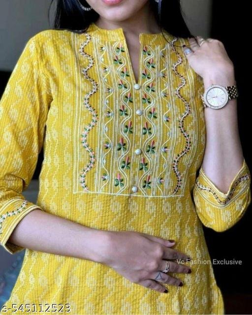 Trendy Fasionable Yellow Cotton Embroidered Kurti – view 3