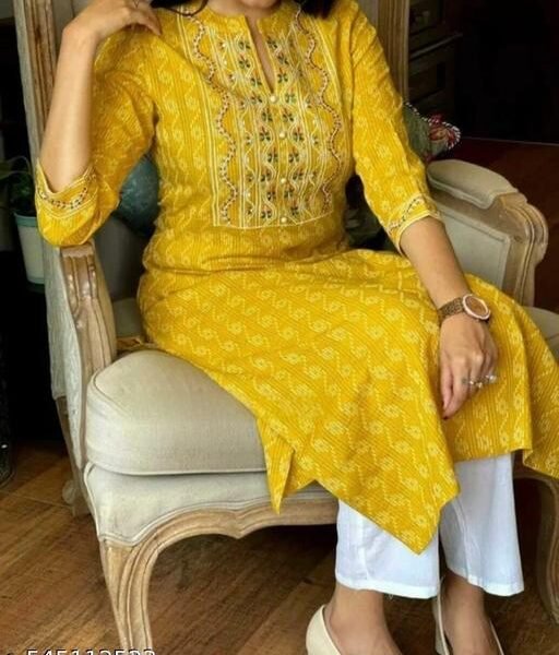 Trendy Fasionable Yellow Cotton Embroidered Kurti