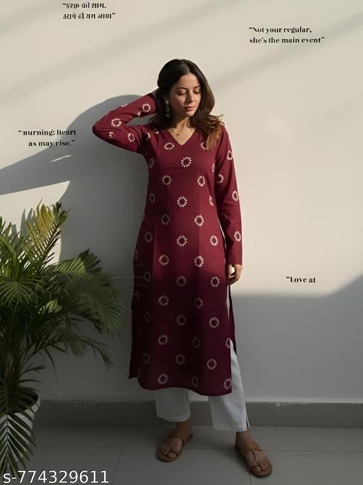 Women's Rayon printed v neck long kurti