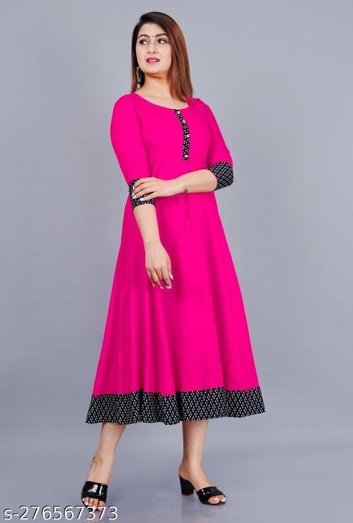 Ultra Women's Solid Printed Round Pleated Flared Kurti (Pink) – view 4