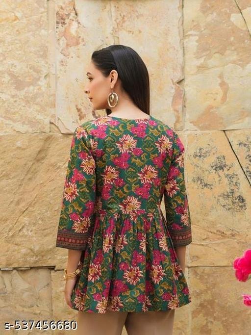 Tops & Tunics | Kurti and Kurtas | top for girls | top | Floral Printed V-Neck Tie-Ups Peplum Cotton Top | printed top for women | Casual Wear Kurti | floral printed kurti | short kurti for women | short kurti for girls | daily wear top | designer kurti for women | Printed Cotton Kurti – view 2