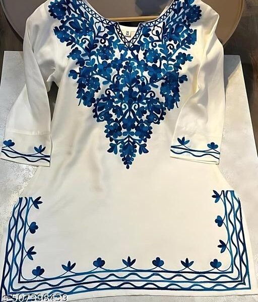 New Stylish Rayon Short Kurtis For Women/Cottan Kurti for Women /Premium Quality White Kurti With Blue Embroidery/Trendy Short Kurti Design For Modern Look/Under 199 Short Kurti/
