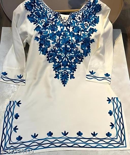 New Stylish Rayon Short Kurtis For Women/Cottan Kurti for Women /Premium Quality White Kurti With Blue Embroidery/Trendy Short Kurti Design For Modern Look/Under 199 Short Kurti/