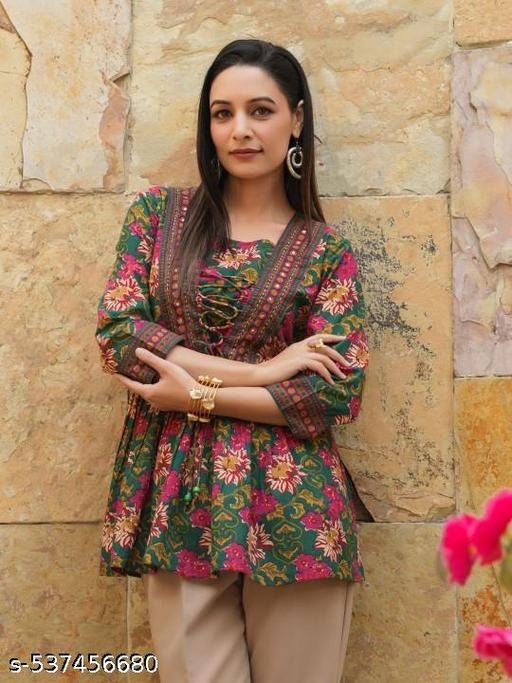 Tops & Tunics | Kurti and Kurtas | top for girls | top | Floral Printed V-Neck Tie-Ups Peplum Cotton Top | printed top for women | Casual Wear Kurti | floral printed kurti | short kurti for women | short kurti for girls | daily wear top | designer kurti for women | Printed Cotton Kurti