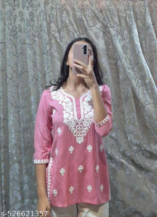 Anbeeey Rasha Chikankari Premium Cute New Pink Modal Short Kurti – view 2