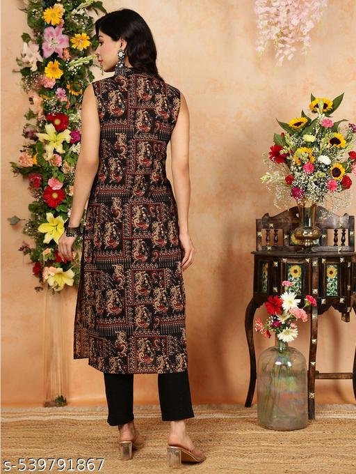 women printed straight sleeves kurta black – view 2