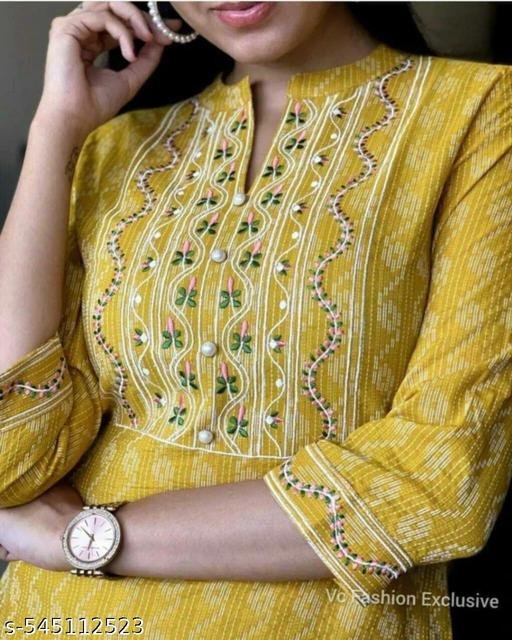 Trendy Fasionable Yellow Cotton Embroidered Kurti – view 2