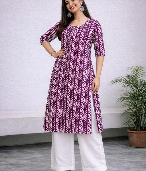 Women’s Ethnic Magenta Straight Fit Round Neck 3/4th Sleeves Printed Kurti (45"inches)