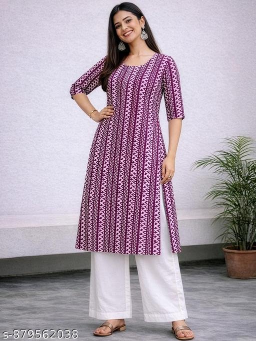 Women’s Ethnic Magenta Straight Fit Round Neck 3/4th Sleeves Printed Kurti (45"inches)