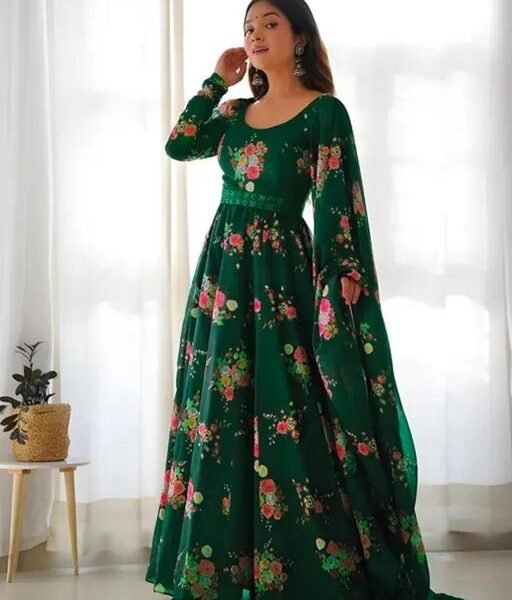 Flower Print Long Gown With Dupatta (No Bottomwear)