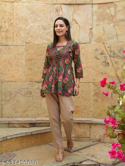 Tops & Tunics | Kurti and Kurtas | top for girls | top | Floral Printed V-Neck Tie-Ups Peplum Cotton Top | printed top for women | Casual Wear Kurti | floral printed kurti | short kurti for women | short kurti for girls | daily wear top | designer kurti for women | Printed Cotton Kurti – view 3