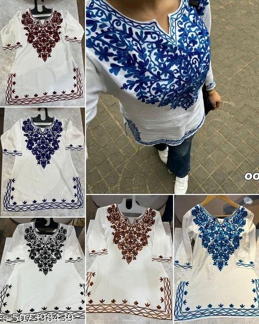New Stylish Rayon Short Kurtis For Women/Cottan Kurti for Women /Premium Quality White Kurti With Blue Embroidery/Trendy Short Kurti Design For Modern Look/Under 199 Short Kurti/ – view 3