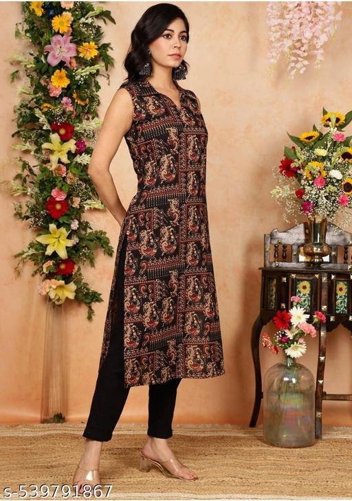 women printed straight sleeves kurta black – view 4