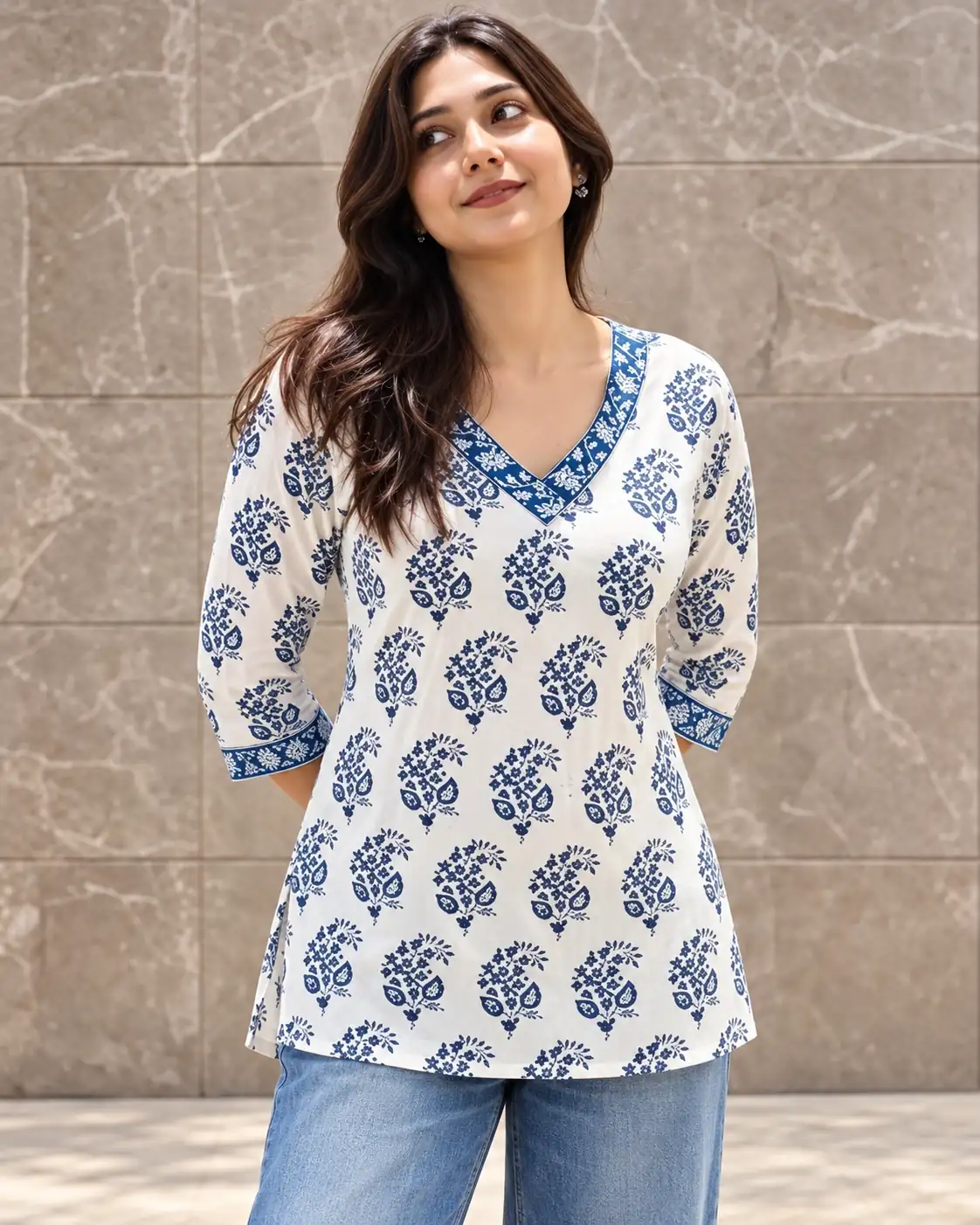White Blue Floral Pure Cotton Short Kurti for Women, Lace - Image 4