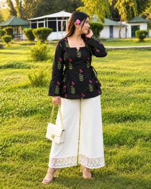 Black Floral Cotton Blend Short Kurti with Side Tie-Up Top