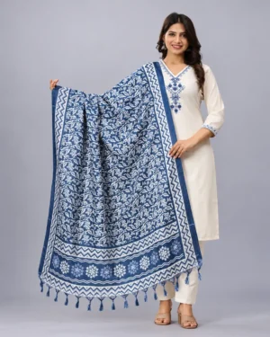 White Khadi Cotton Embroidered Kurti Pant Dupatta Set, Festive