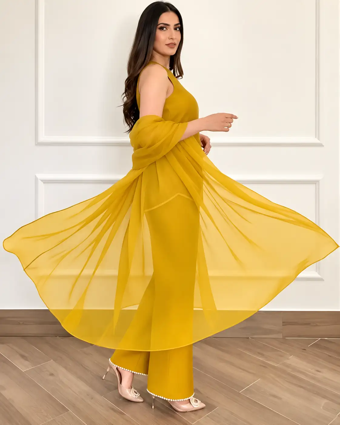 Yellow Cotton Silk Co-ord Set with Dupatta for Women, Festive - Image 3