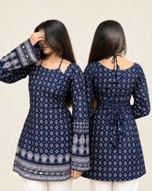 Blue Cotton Corset Short Kurti Top for Women with Doori