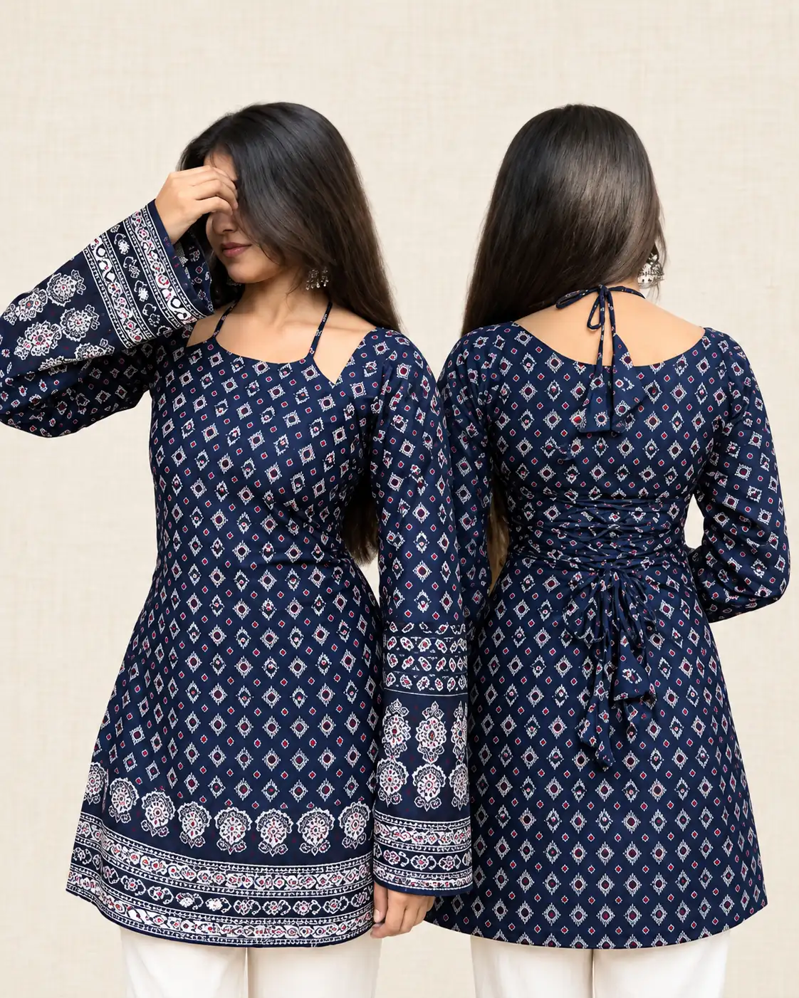 Blue Cotton Corset Short Kurti Top for Women with Doori