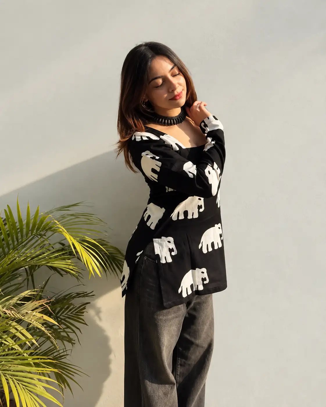 Black Printed Rayon Short Kurti for Women, Square Neck Top - Image 2