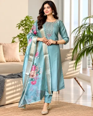 Aqua Blue Rayon Kurta Pant Dupatta Set for Women, Festive Wear