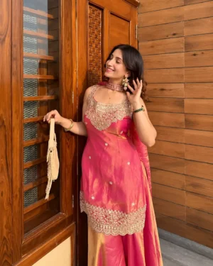 Pink Silk Blend Embroidered Kurta Palazzo Dupatta Set, Party