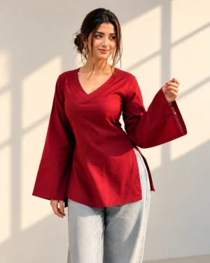 Red Rayon Short Kurti Top with Flared Sleeves for Women