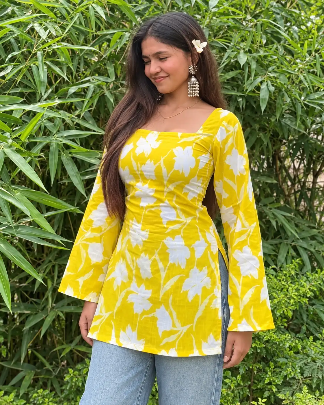 Yellow Printed Cotton Blend Corset Back Short Kurti for Women - Image 3