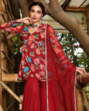 Red Georgette Kurti Sharara Dupatta Set for Women, Festive