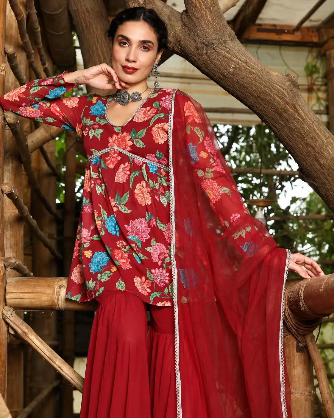 Red Georgette Kurti Sharara Dupatta Set for Women, Festive