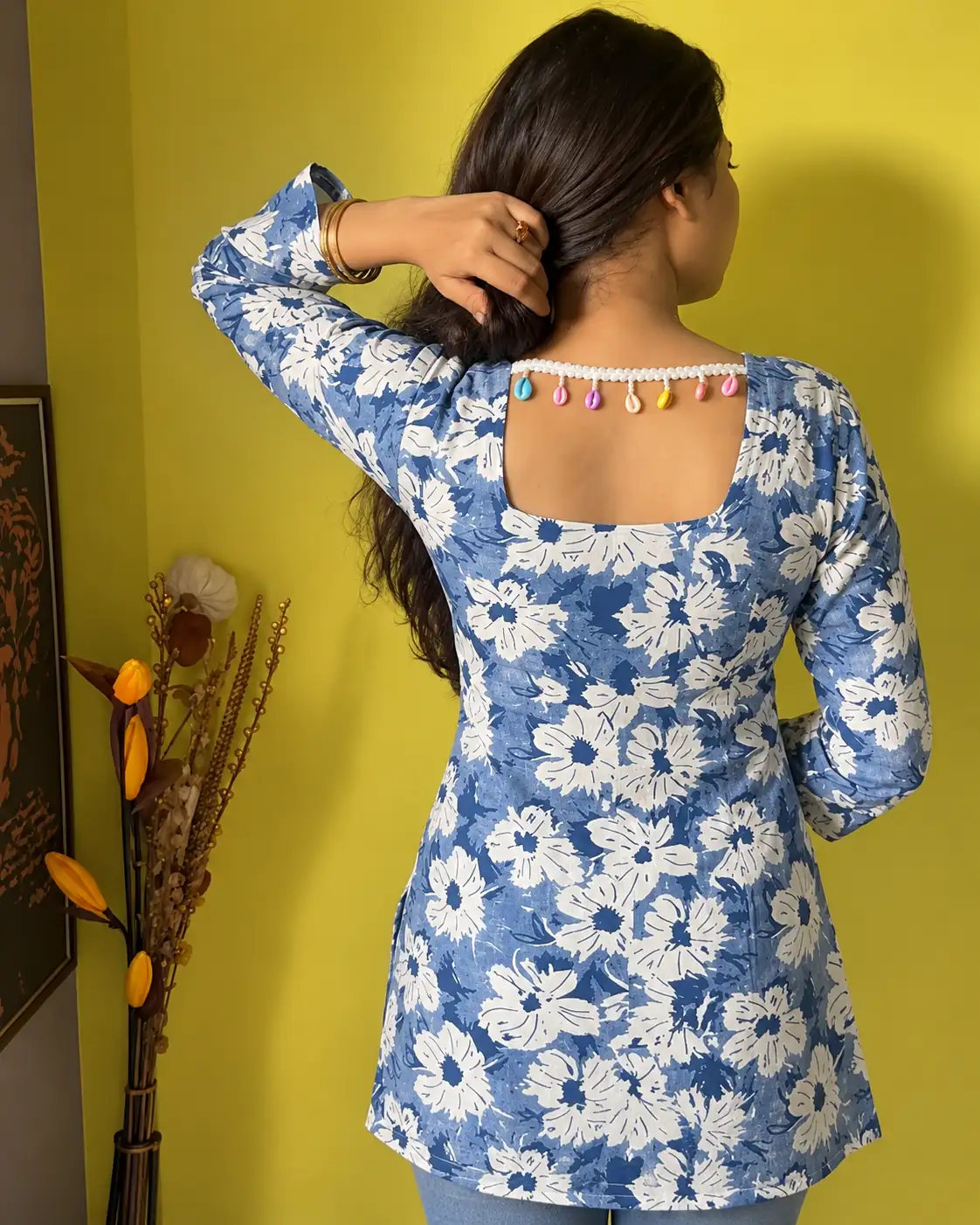 Blue Floral Cotton Short Kurti for Girls and Women, Daily - Image 3