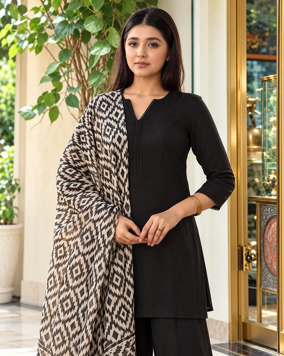 Black Rayon Kurta Palazzo Set with Shawl Dupatta for Women - Image 2