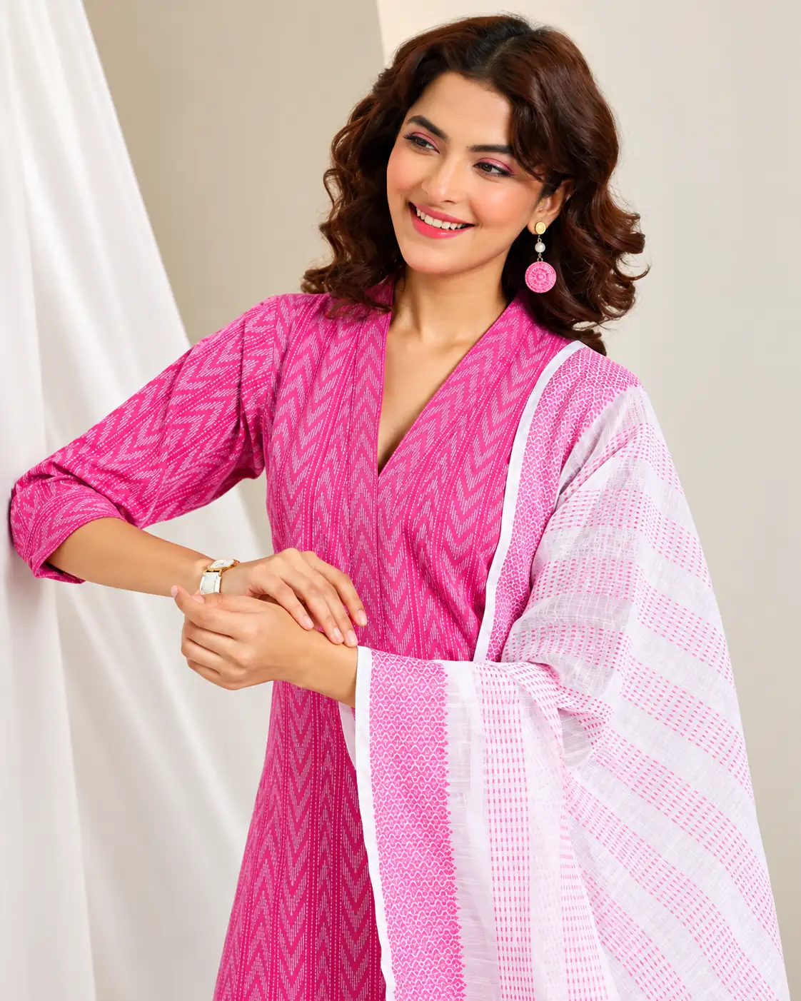 Pink Striped Cotton Kurta Pant Dupatta Set for Women, Office - Image 2