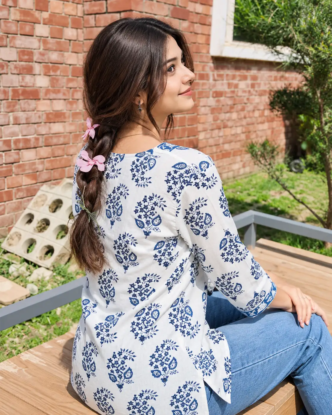 White Blue Floral Pure Cotton Short Kurti for Women, Lace - Image 2
