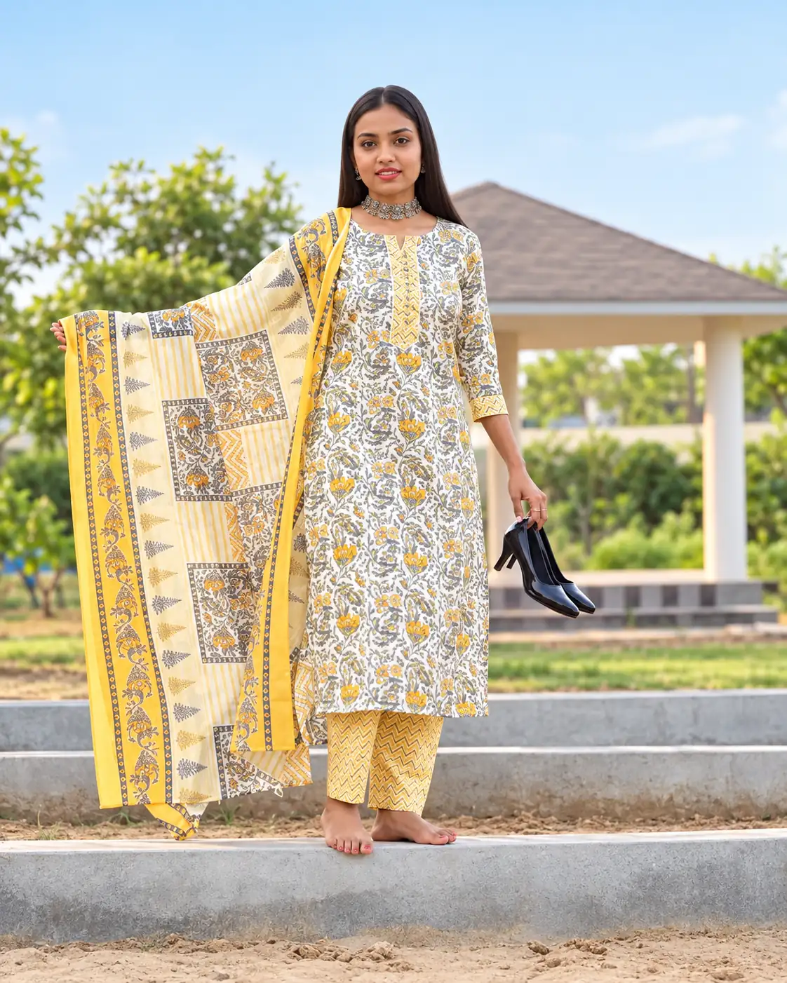 Yellow Cotton Printed Kurta Pant Dupatta Set for Women, Daily - Image 2