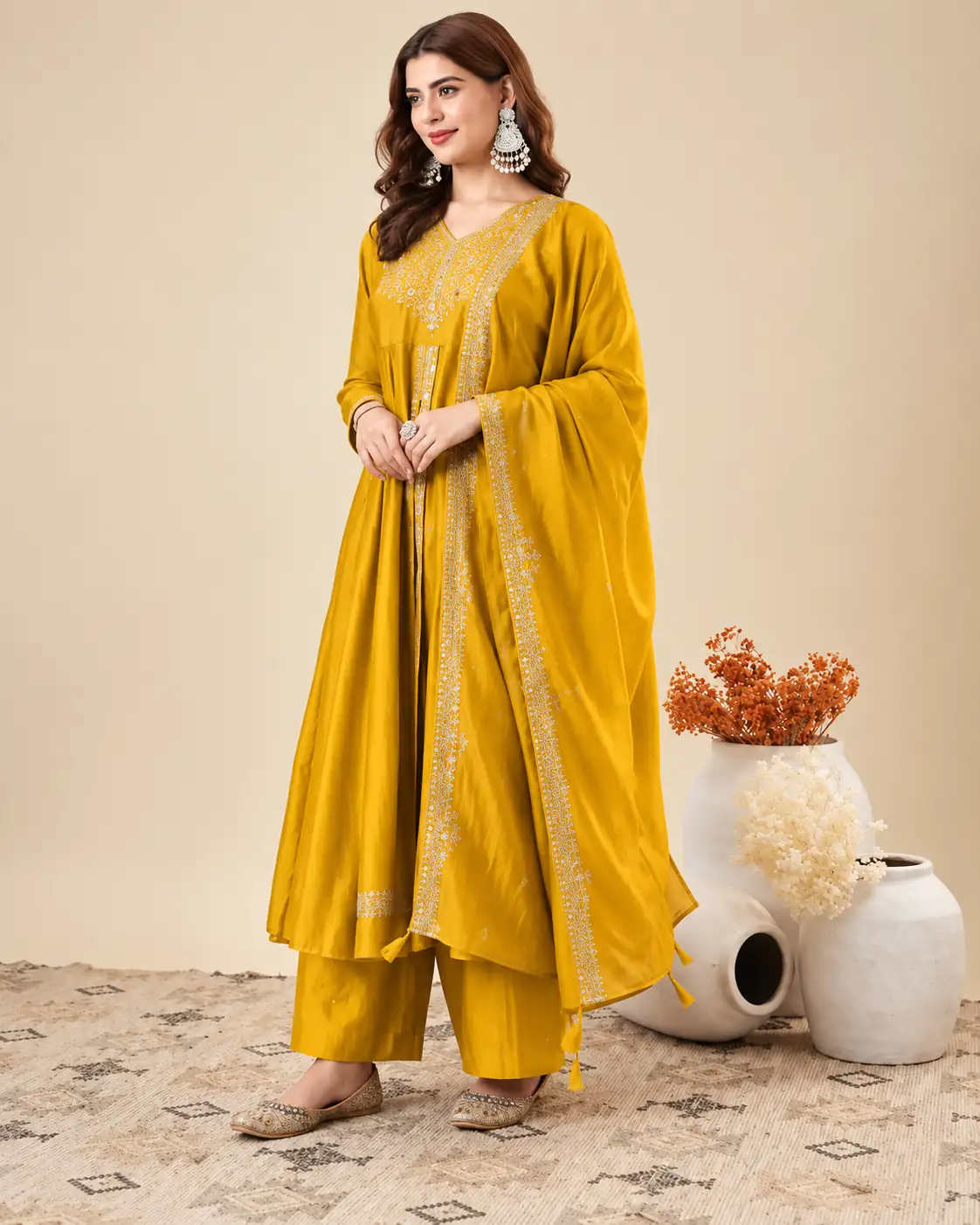 Lemon Yellow Embroidered Kurta Pant Dupatta Set, Festive Wear - Image 2