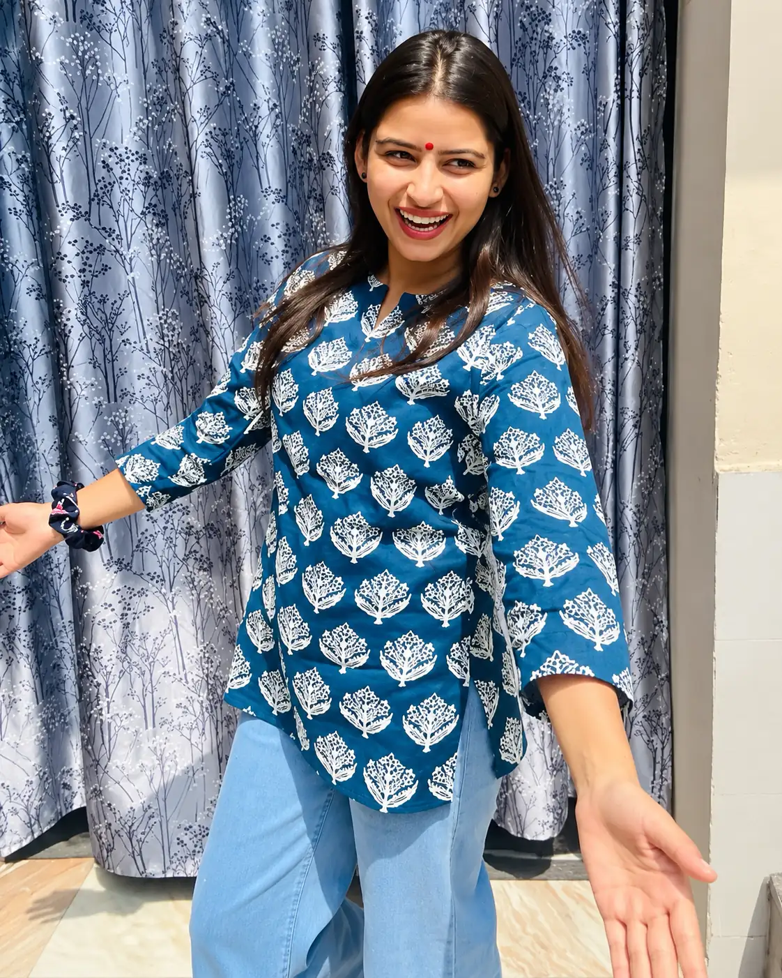 Teal Blue Handblock Print Rayon Short Kurti for Women - Image 3