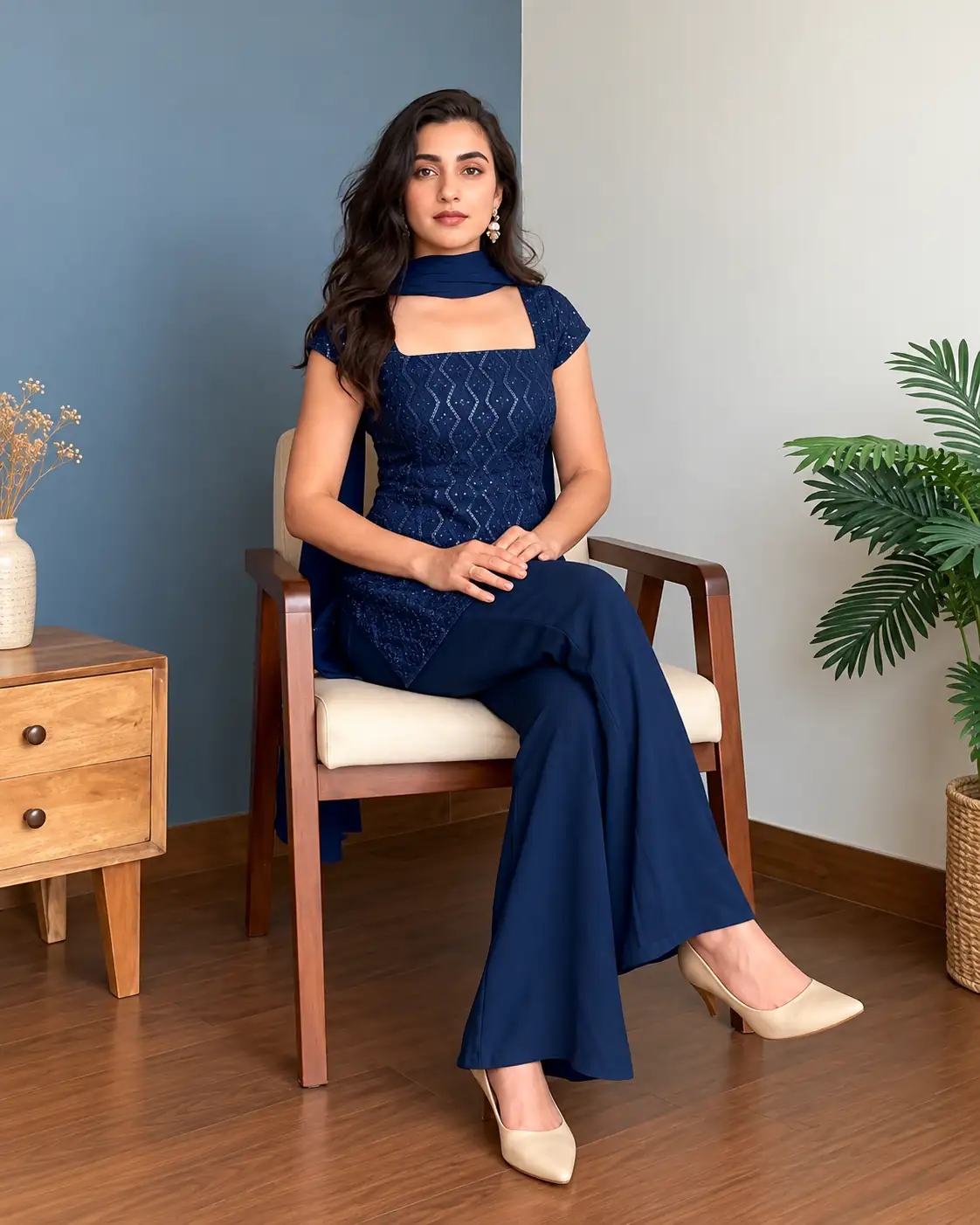 Navy Blue Georgette Kurti Palazzo Dupatta Set, Party Wear - Image 3