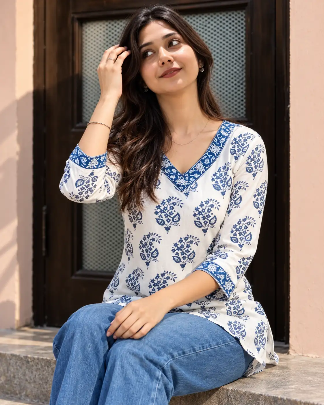 White Blue Floral Pure Cotton Short Kurti for Women, Lace - Image 3