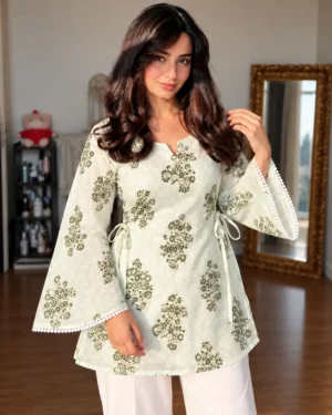 White Floral Cotton Short Kurti with Bell Sleeves for Women