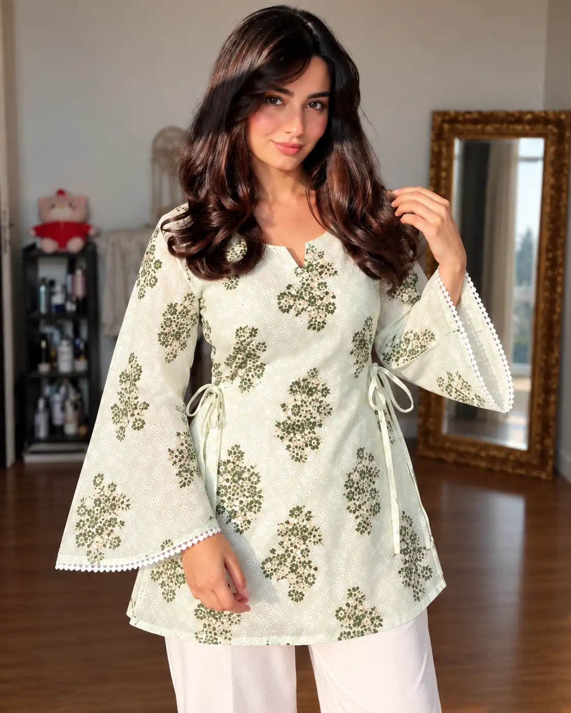 White Floral Cotton Short Kurti with Bell Sleeves for Women