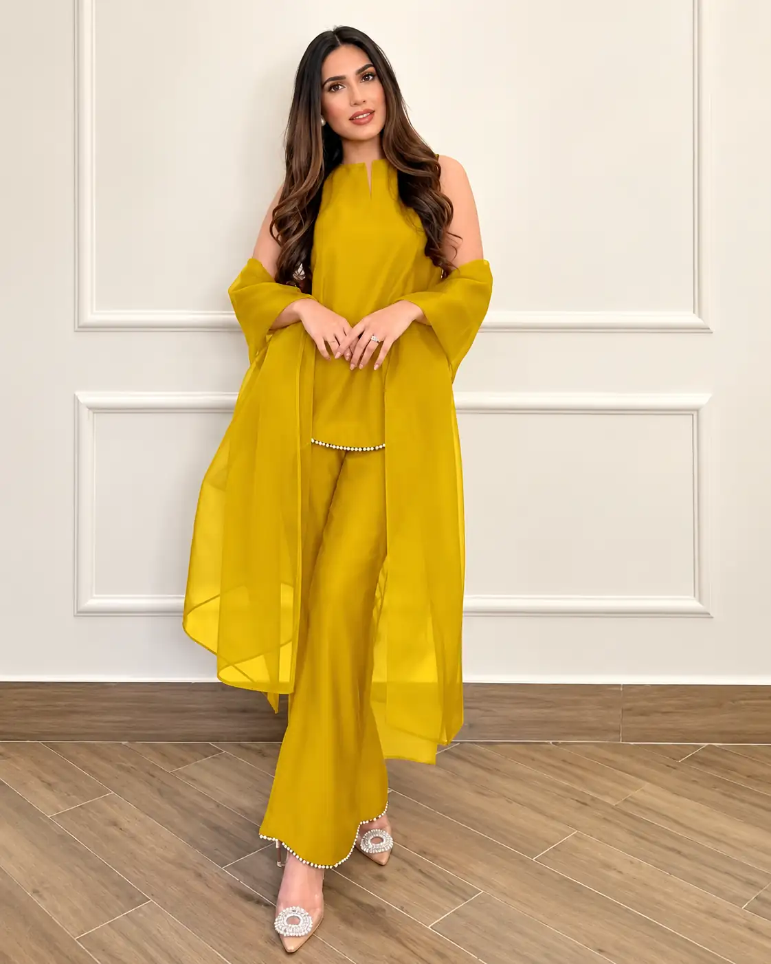 Yellow Cotton Silk Co-ord Set with Dupatta for Women, Festive - Image 2