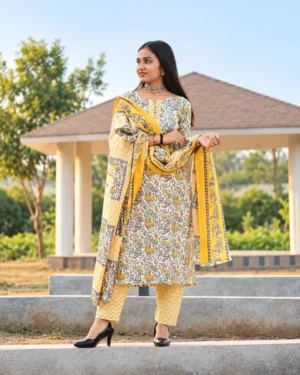Yellow Cotton Printed Kurta Pant Dupatta Set for Women, Daily