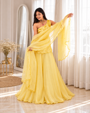 Canary Yellow Georgette Silk Kurti Palazzo Dupatta Set, Festive
